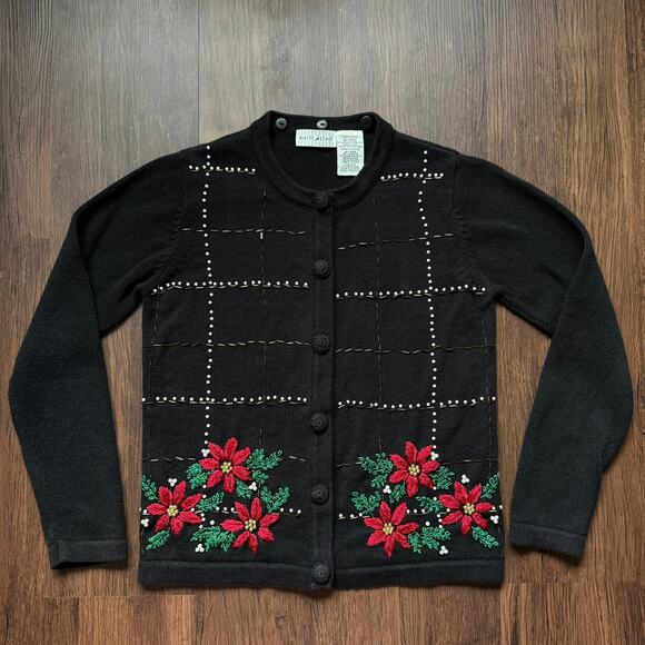 White Stag Black Poinsettia Embroidered Holiday Cardigan Women’s Small - Picture 1 of 12